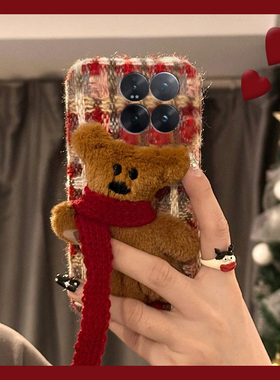 绒布红色格子适用小米civi5pro手机壳15spro秋冬13ultra毛绒1s卡通mix4立体2小熊14毛茸茸12x新款11硅胶mi女p