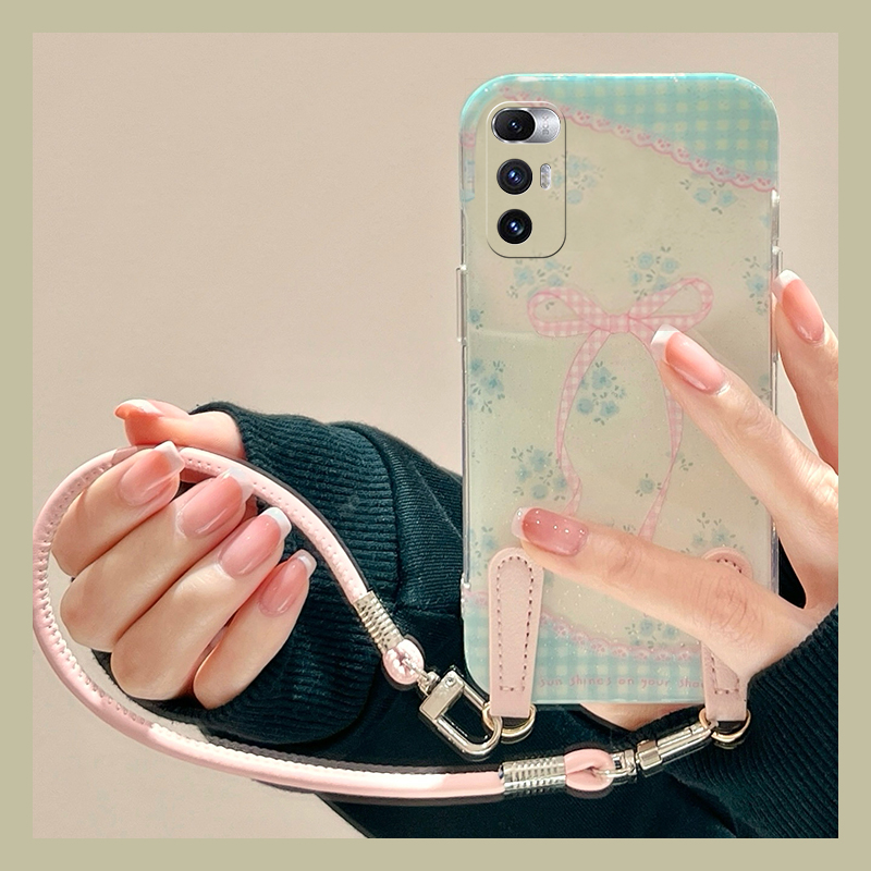 手机壳韩系小清新格纹蝴蝶带皮质手链挂链