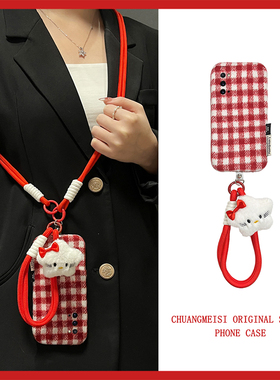 适用三星a53手机壳a50s可斜挎f52红色a51棋盘格a70s带a8s挂绳a90秋冬a60绒布a31格子a80星星kt猫a71冬天a30女