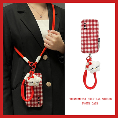 适用三星a53手机壳a50s可斜挎f52红色a51棋盘格a70s带a8s挂绳a90秋冬a60绒布a31格子a80星星kt猫a71冬天a30女