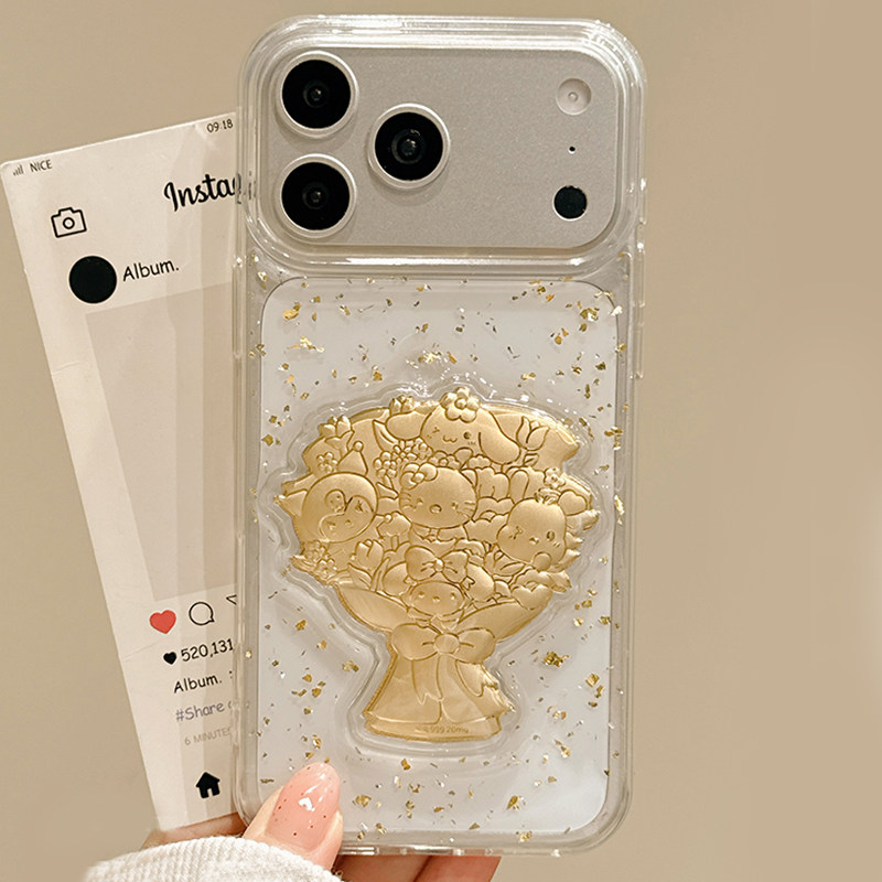 手机壳滴胶金箔立体金色KT猫玉桂狗花束