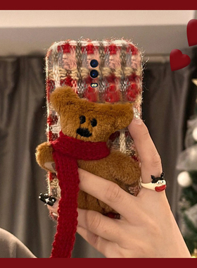 绒布红色格子适用oppor17手机壳r15秋冬r11splus毛绒r11s卡通r9s立体r9plus小熊r7s毛茸茸r15x新款oppo女0pp0