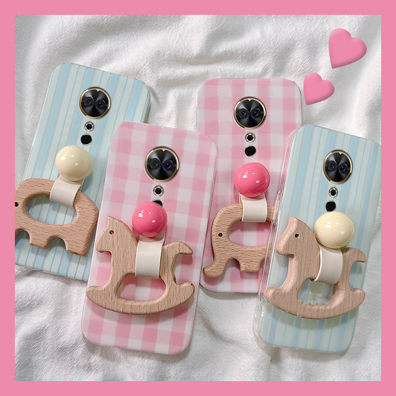 手机壳棋盘格线条立体卡通木质大象木马指环