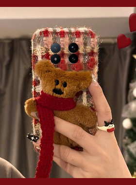 绒布红色格子适用vivoxfold5pro手机壳xfold+秋冬xfold3毛绒xflip卡通xfold立体xfold2十vivo折叠屏硅胶硬壳p