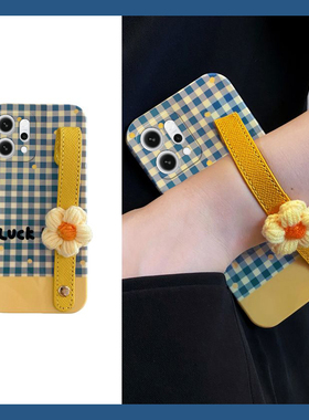 ins风适用opporeno14手机壳reno13pro+蓝色reon12格纹11立体10针织9花朵8腕带7se手绳6新款5硅胶4十oppo软壳p