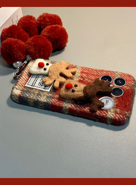 毛绒格子麋鹿适用小米红米k90promax手机壳k80pro+红色turbo4圣诞k70s带k60e挂链12c秋冬十redmik绒布卡通女p