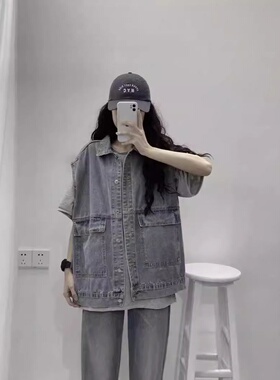 牛仔马甲女春秋季宽松韩版bf百搭港风味复古夹克开衫外套潮时尚感