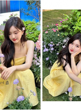 赵露思同款露背吊带连衣裙女夏季新款法式度假风收腰显瘦仙女