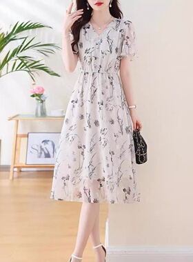 新中式国风水墨印花V领连衣裙女2024夏季新款荷叶袖妈妈雪纺裙子