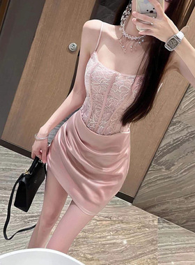 高级感吊带连衣裙粉色蕾丝刺绣拼接生日礼服裙女鱼骨修身收腰短裙