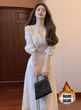 温柔风蕾丝刺绣连衣裙新款女秋冬加绒加厚法式气质内搭长裙子网纱
