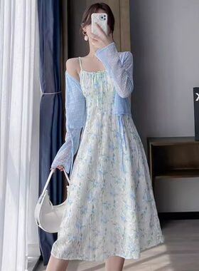 碎花吊带连衣裙女夏季法式小个子长裙海边度假裙子开衫两件套装裙