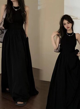 小众吊带黑色连衣裙女新款修身收腰显瘦甜美气质仙女宽松A字长裙