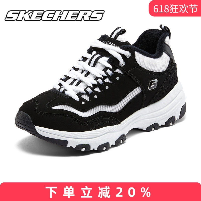 Skechers斯凯奇冬季保暖加绒棉鞋运动鞋女增高女鞋经典黑白熊猫鞋