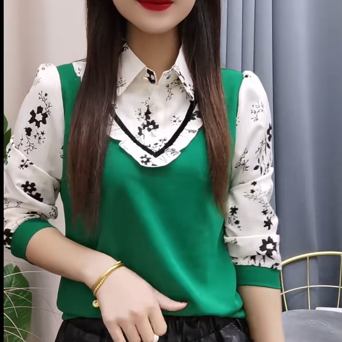 春秋新款拼接假两件衬衫洋气减龄衬衫
