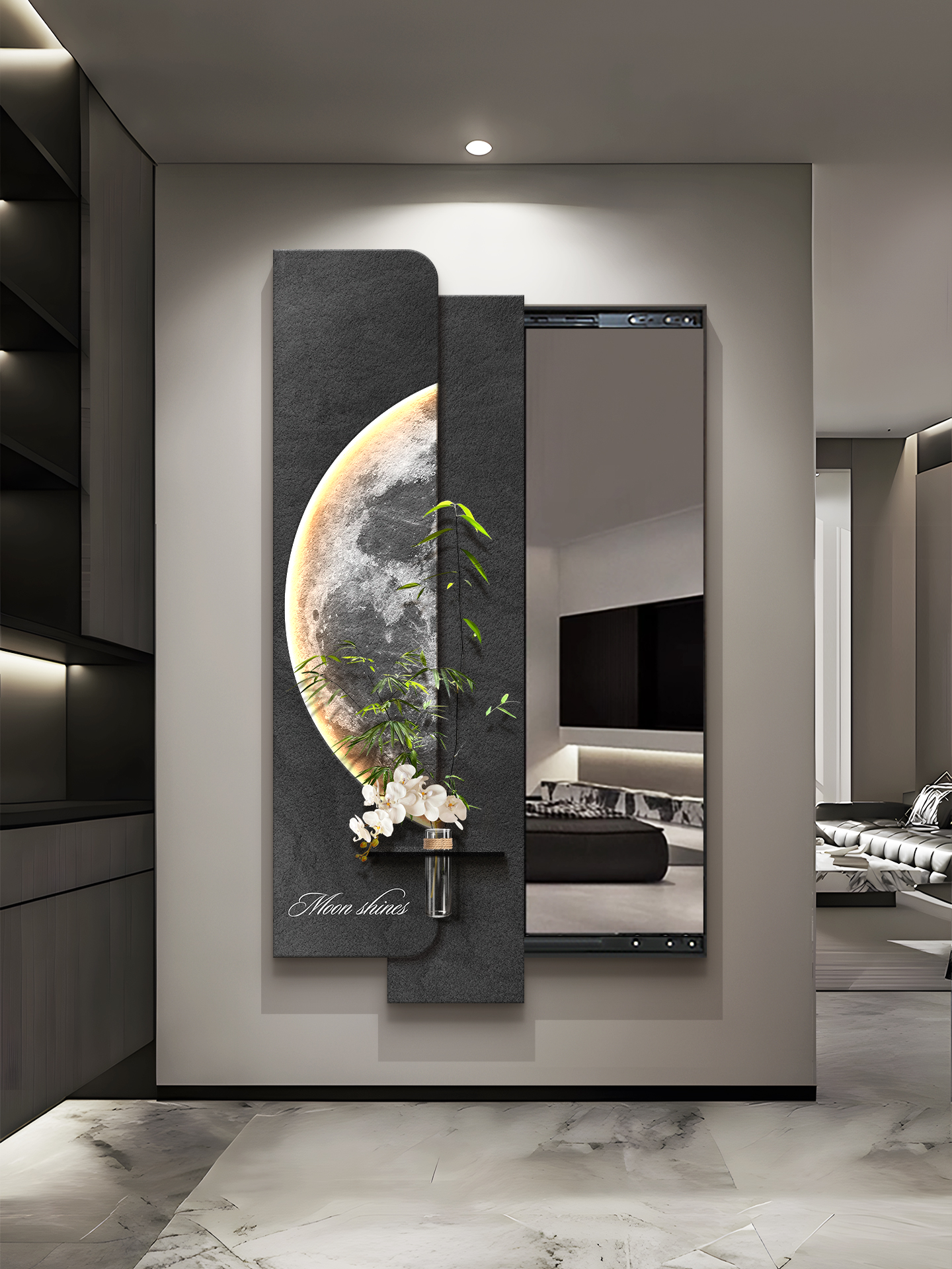 现代简约推拉暗藏式全身镜挂画隐藏式隐形穿衣镜水培玄关镜子装饰