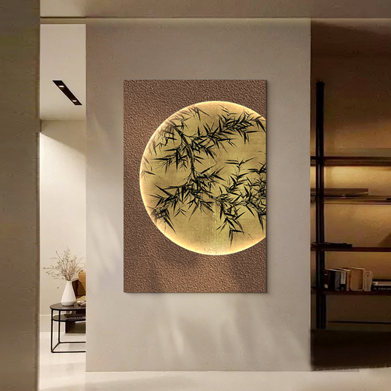 侘寂风墨竹客厅装饰画砂岩新中式挂画玄关高级感中古风走廊壁灯画
