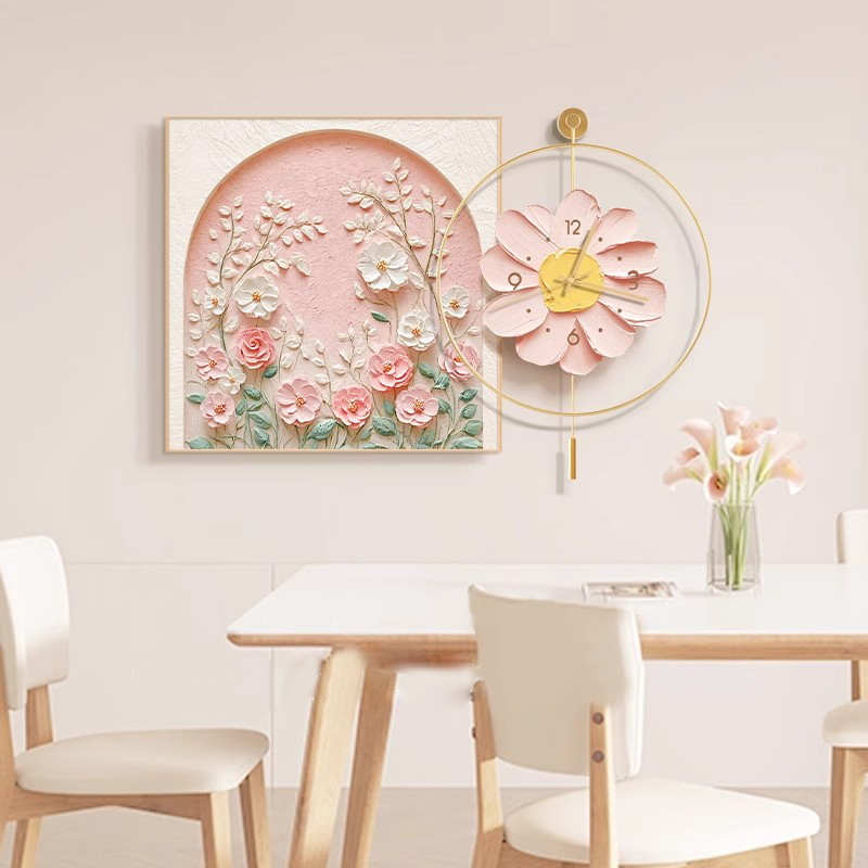 奶油风花卉餐厅装饰画高级感钟表挂钟2025新款时钟挂墙免打孔挂画