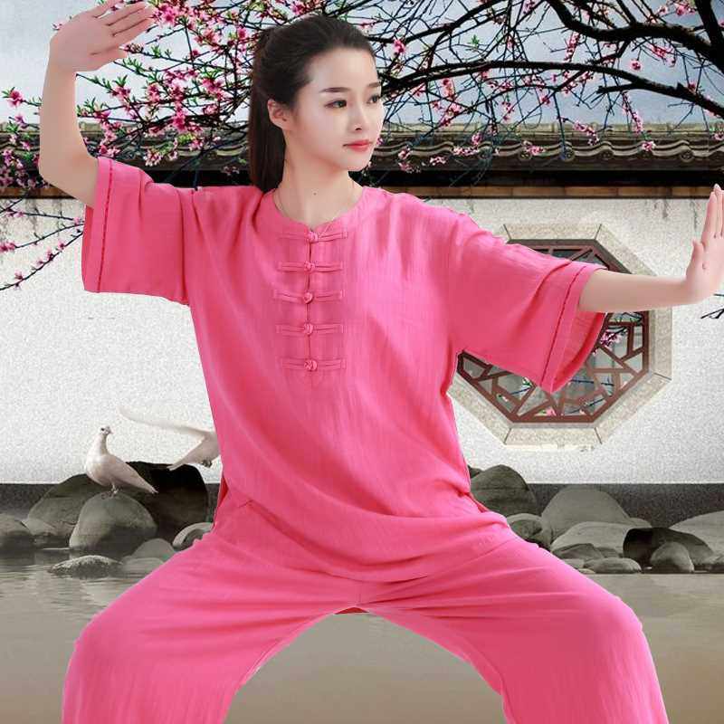 高档新款太极服女亚麻棉短袖春夏中老年晨练练功服武术太极拳表演