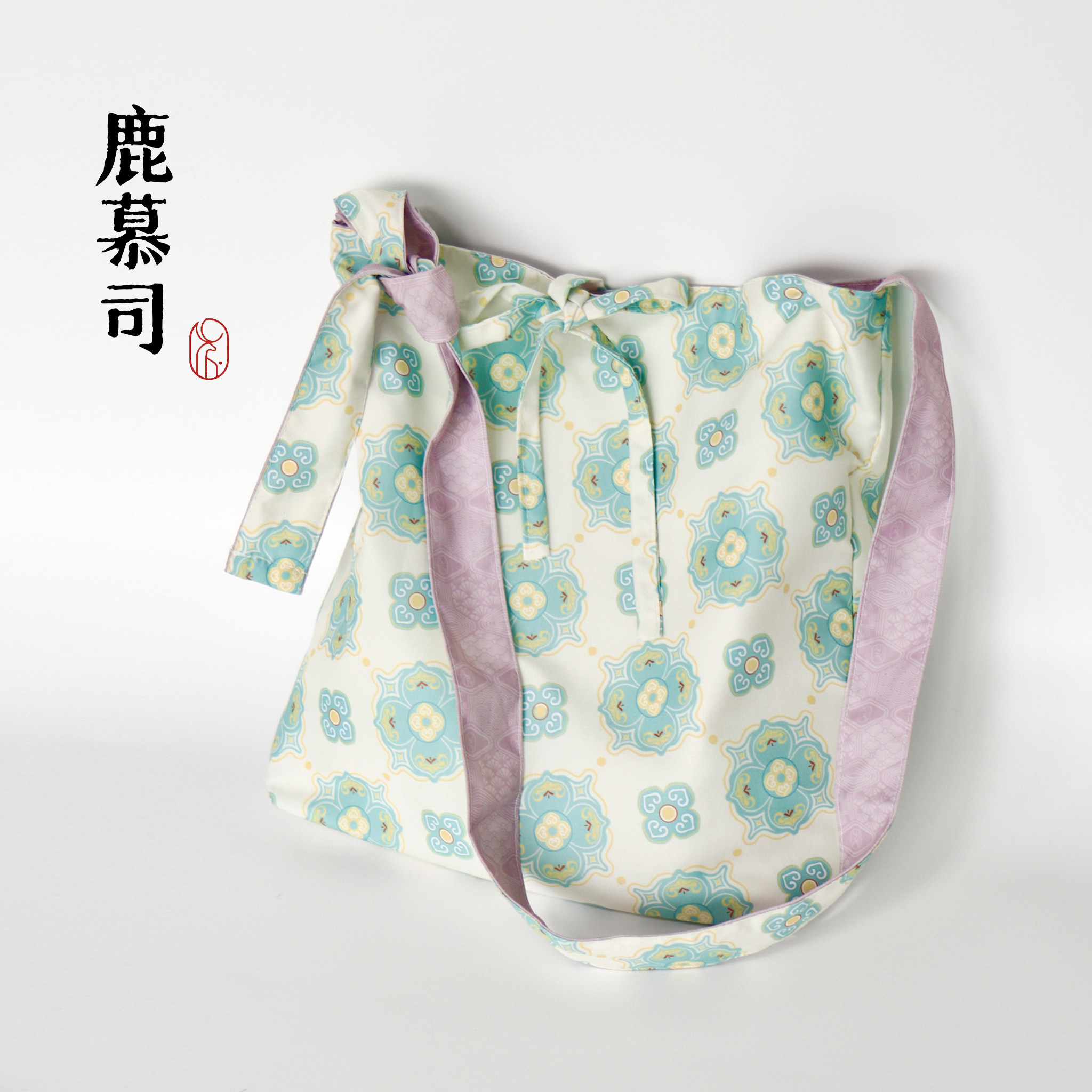 原创汉服包包国风古风百搭碧绿柿蒂纹双面斜挎包单肩可调节布袋子