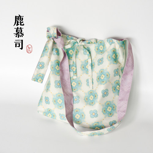 原创汉服包包国风古风百搭碧绿柿蒂纹双面斜挎包单肩可调节布袋子