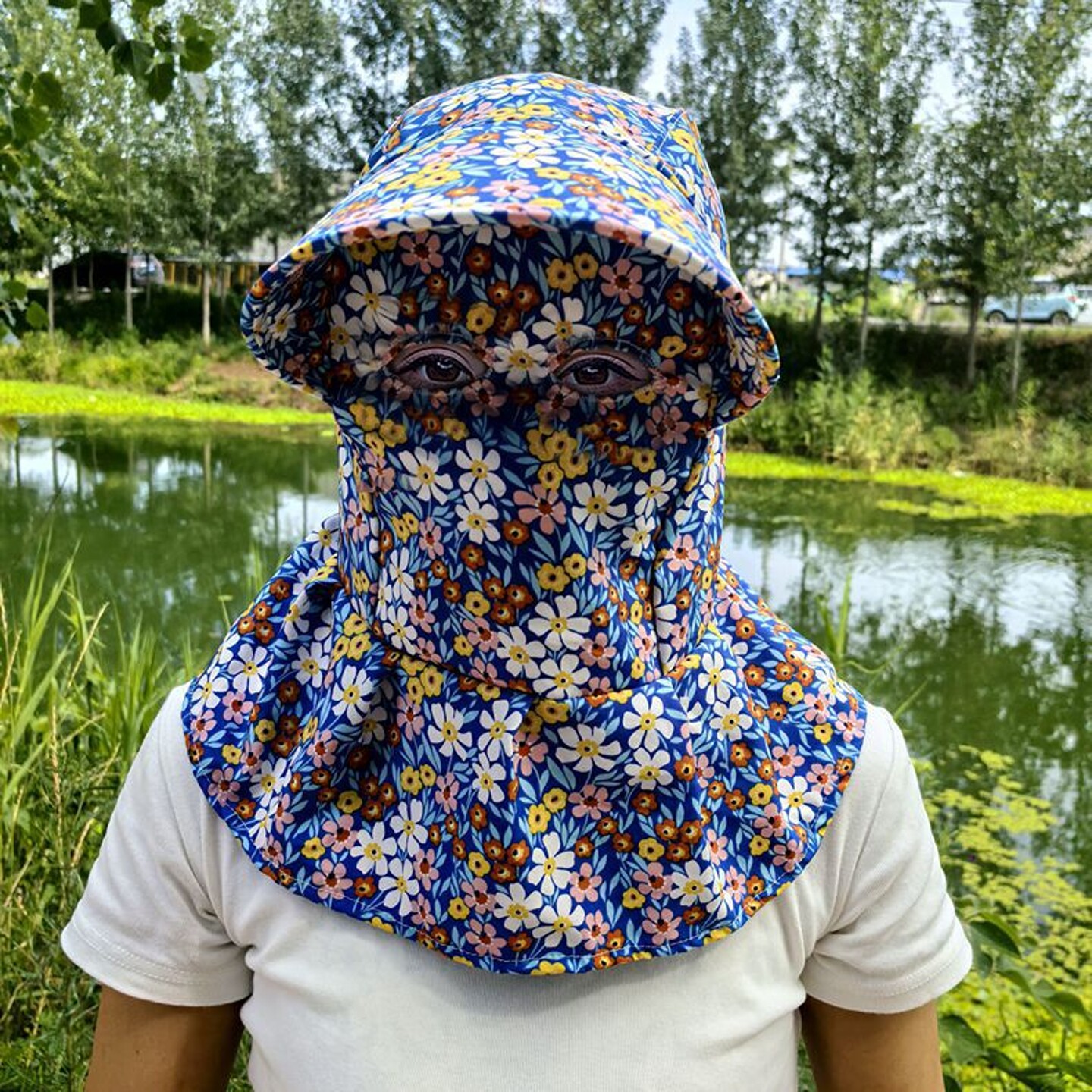 夏季猫眼遮全脸帽女遮阳干活护颈围脖一体采茶太阳帽大帽檐防晒帽