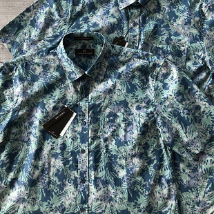 意系老牌夏威夷热带植物印花纯棉修身休闲微宽松OS短袖衬衫男