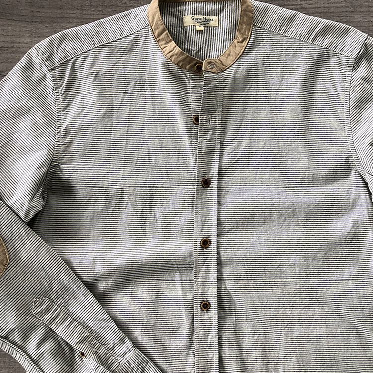 日系小众老牌GH纯棉小立领水洗条纹微修身衬衫男