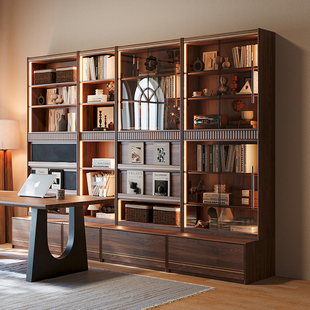北美黑胡桃木书柜储物柜整墙客厅组合柜玻璃展示柜全实木落地书架