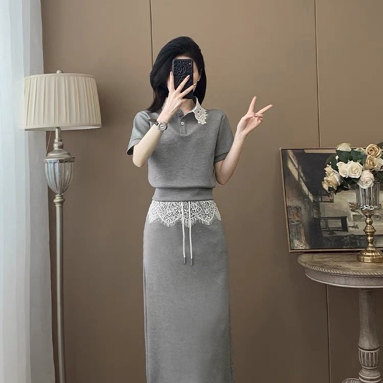 2025年时尚韩版新款短袖套装裙女中长款修身修身气质连衣裙两件套