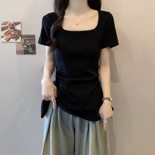 胖mm大码女装夏装方领抽绳设计感短袖T恤冰丝凉感显瘦上衣潮