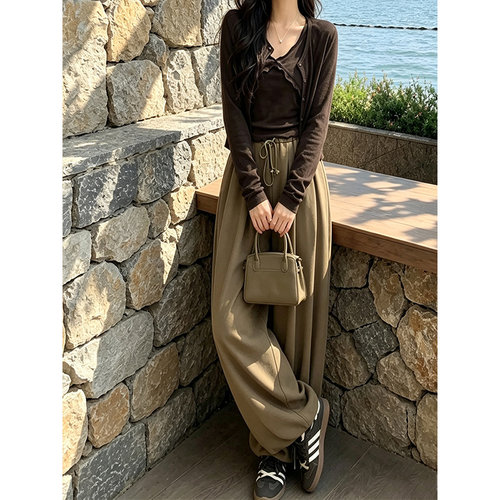 早秋微胖显瘦高腰工装阔腿裤女