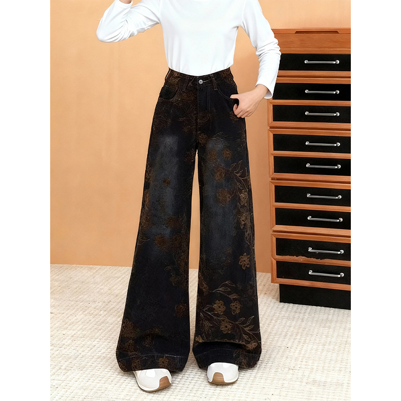 秋冬复古刺绣花卉阔腿牛仔裤女