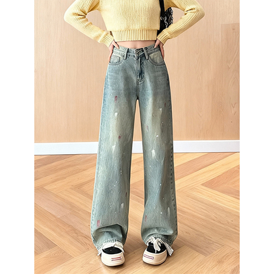 加绒加厚涂鸦油彩复古浅蓝牛仔裤