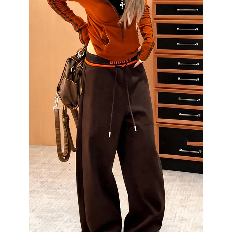 美式高腰拼接字母加绒抽绳阔腿裤女2025冬季新款百搭垂感休闲长裤,女装/女士精品,大码裤装,淘宝优惠券,粉丝福利购,淘宝优惠卷