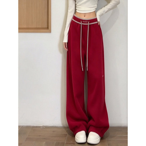 秋季红色系带阔腿裤女松紧显瘦