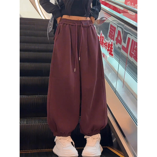 松紧腰百搭休闲裤 加绒加厚复古宽松慵懒风束脚卫裤 女2025秋冬新款