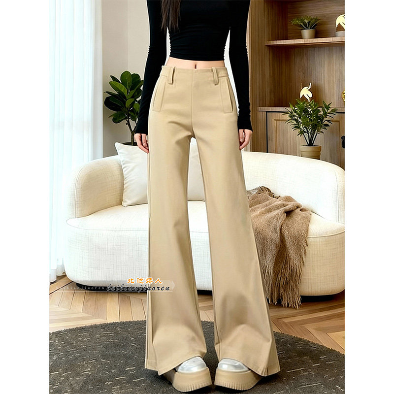 美式卡其色高腰微喇西装裤女2026春季新款显瘦设计感垂感阔腿长裤,女装/女士精品,大码裤装,淘宝优惠券,粉丝福利购,淘宝优惠卷