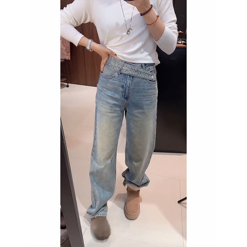 2025新款加绒加厚高腰阔腿牛仔裤