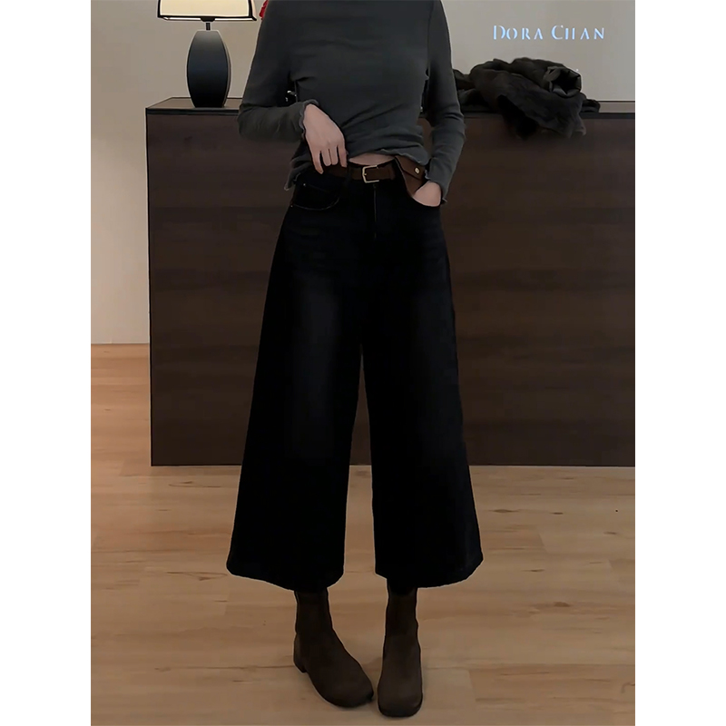 加绒时尚复古黑灰牛仔裤女2025