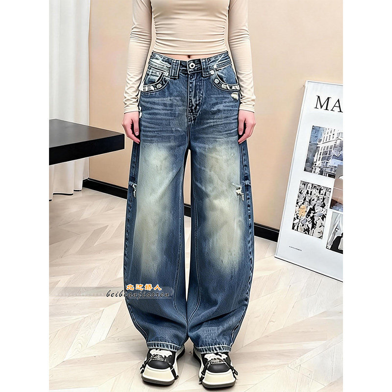 美式复古磨白水洗阔腿牛仔裤女2026春季新款高腰显瘦宽松弯刀长裤,女装/女士精品,大码裤装,淘宝优惠券,粉丝福利购,淘宝优惠卷
