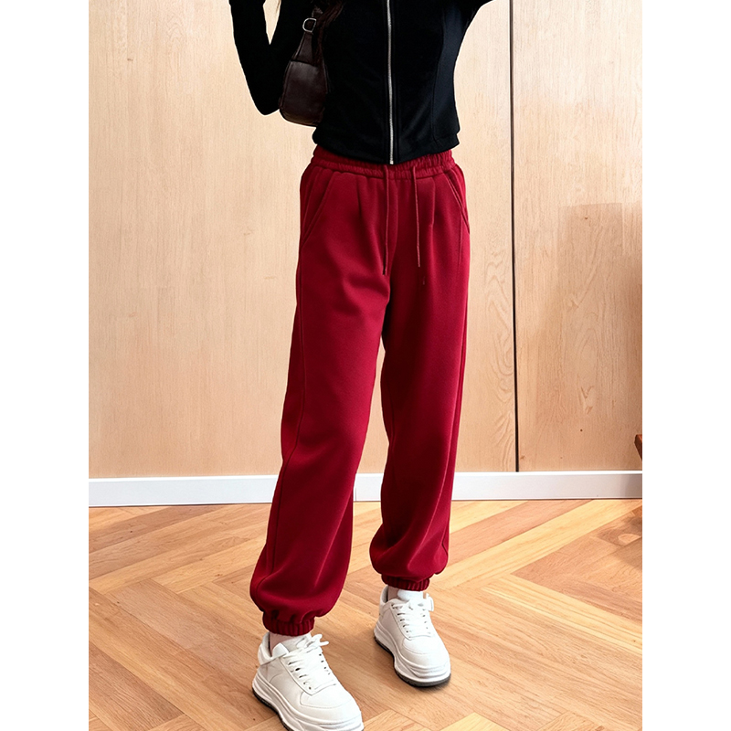 欧货时尚减龄红色加绒保暖束脚裤