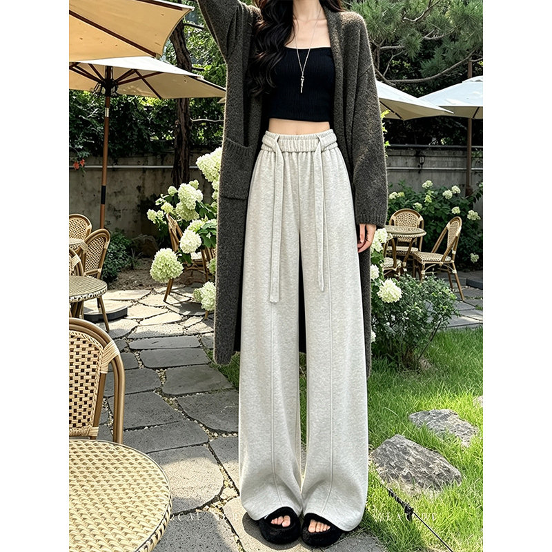 米白色慵懒风高腰垂感阔腿裤女秋季新款宽松显瘦抽绳休闲裤小个子