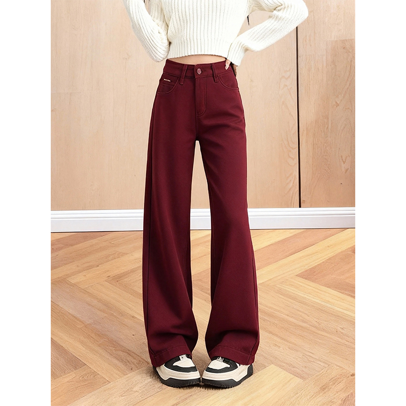 加绒加厚安可拉红窄版牛仔裤女