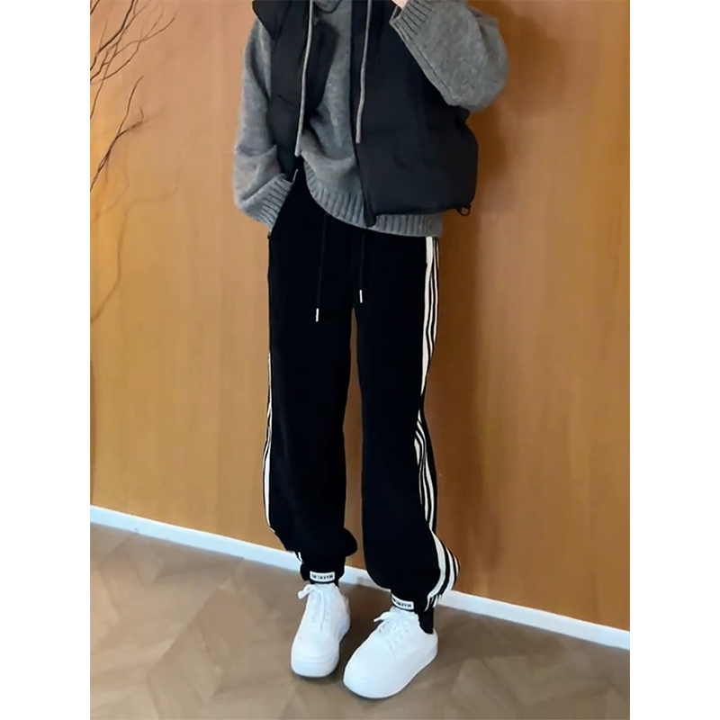 加绒加厚撞色条纹运动卫裤女冬季