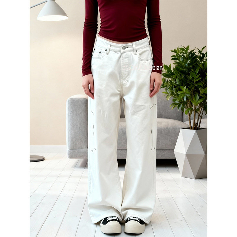 韩系泼墨白色牛仔阔腿裤女2026春季新款高腰宽松显瘦设计感直筒裤,女装/女士精品,大码裤装,淘宝优惠券,粉丝福利购,淘宝优惠卷