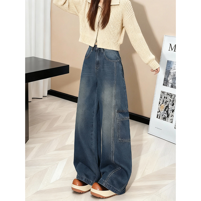 秋冬复古工装弯刀时尚阔腿牛仔裤