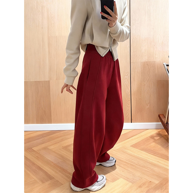 超好看红色加绒加厚阔腿休闲裤女2025冬季新款百搭显瘦抽绳弯刀裤,女装/女士精品,大码裤装,淘宝优惠券,粉丝福利购,淘宝优惠卷