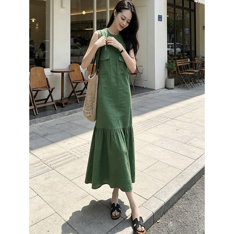 绿色无袖高端大气上档次连衣裙女图片
