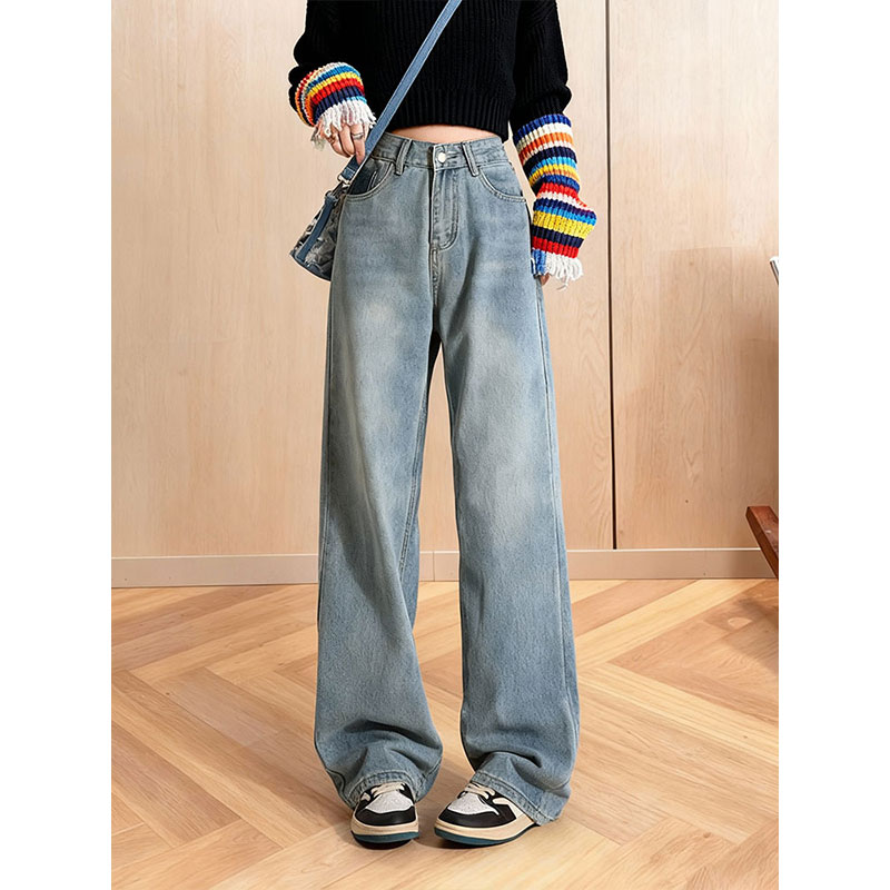 加绒加厚阔腿风浅蓝色牛仔裤新款